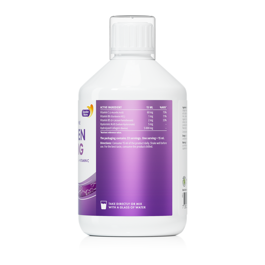 Swedish Nutra’s Collagen Bovine 5000 Zuckerfrei. Ist ein flüssiges Nahrungsergänzungsmittel mit natürlichem Beerengeschmack.