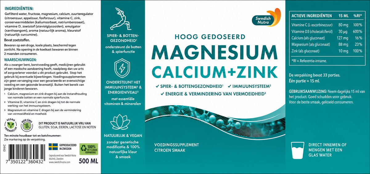 Swedish Nutra Magnesium Calcium + Zink – Vloeibaar Voedingssupplement – Vitamine C & D3 – Citroensmaak