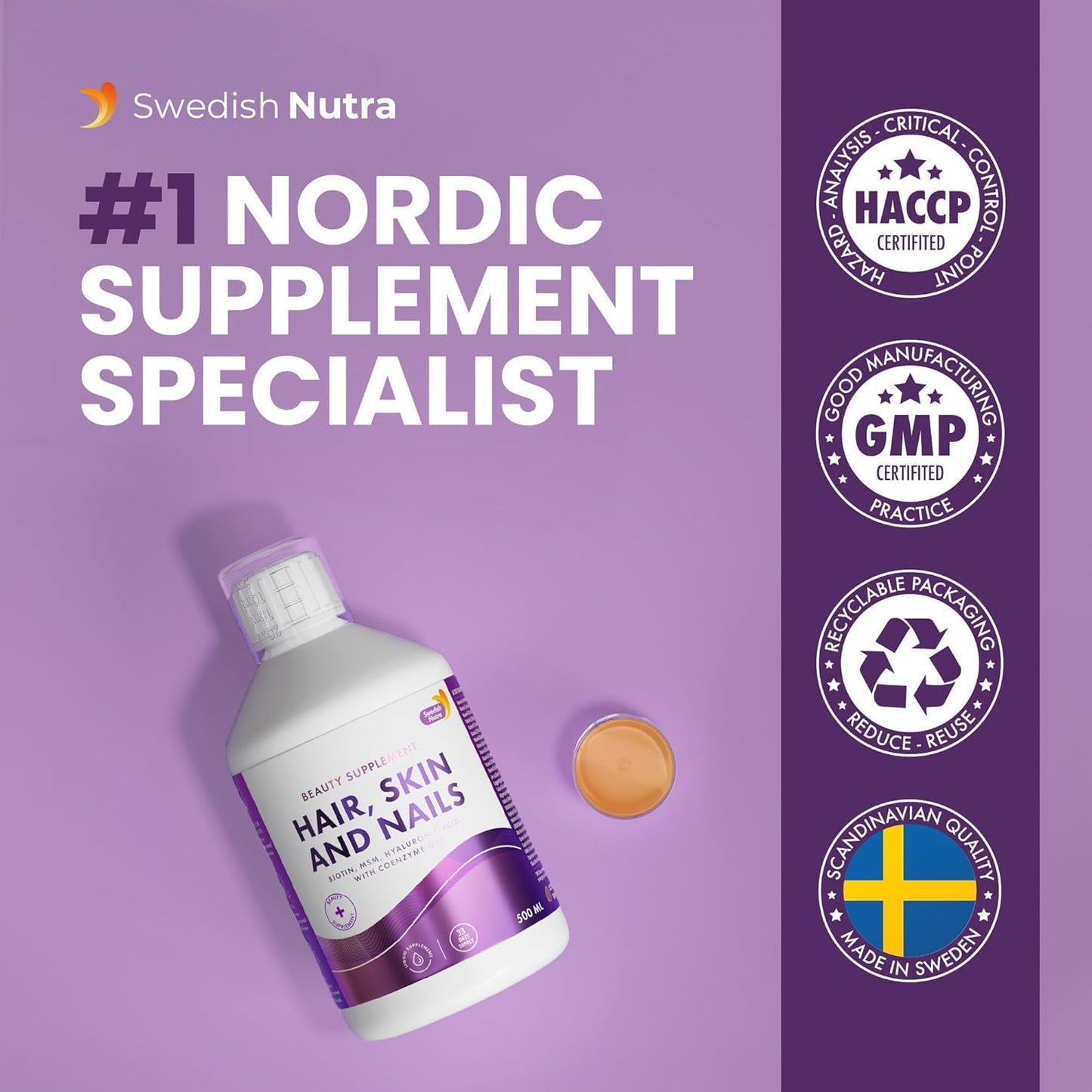 Swedish Nutra Hair, Skin & Nails Voor de gezondheid en schoonheid van haar, huid, teint en nagels. Unieke formule met 26 actieve ingrediënten: Gehydrolyseerd vloeibaar collageen.