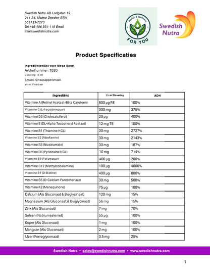 Swedish Nutra Multivitamin sport  - Vloeibare Multivitamine - Mineralen - Collageen - Voedingssupplement als drank