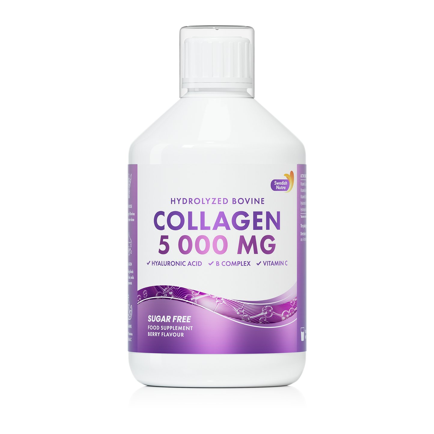 Swedish Nutra’s Collagen Bovine 5000 Zuckerfrei. Ist ein flüssiges Nahrungsergänzungsmittel mit natürlichem Beerengeschmack.