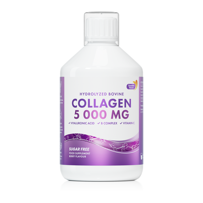 Swedish Nutra’s Collagen Bovine 5000 Zuckerfrei. Ist ein flüssiges Nahrungsergänzungsmittel mit natürlichem Beerengeschmack.