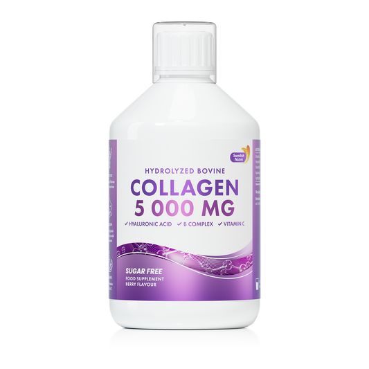 Swedish Nutra’s Collagen Bovine 5000 Zuckerfrei. Ist ein flüssiges Nahrungsergänzungsmittel mit natürlichem Beerengeschmack.
