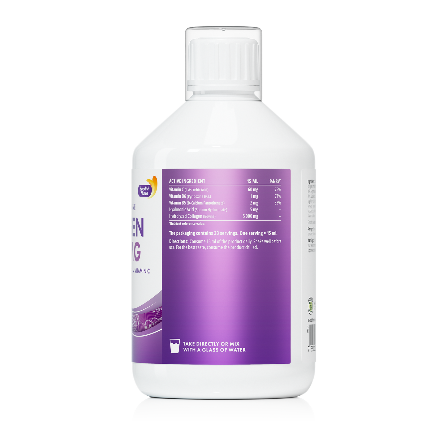 Swedish Nutra’s Collagen Bovine 5000 Zuckerfrei. Ist ein flüssiges Nahrungsergänzungsmittel mit natürlichem Beerengeschmack.