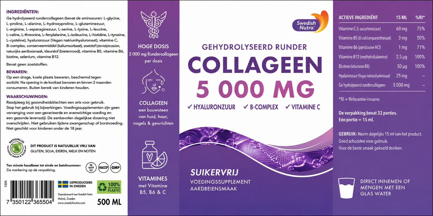 Swedish Nutra’s Collagen Bovine 5000 Zuckerfrei. Ist ein flüssiges Nahrungsergänzungsmittel mit natürlichem Beerengeschmack.