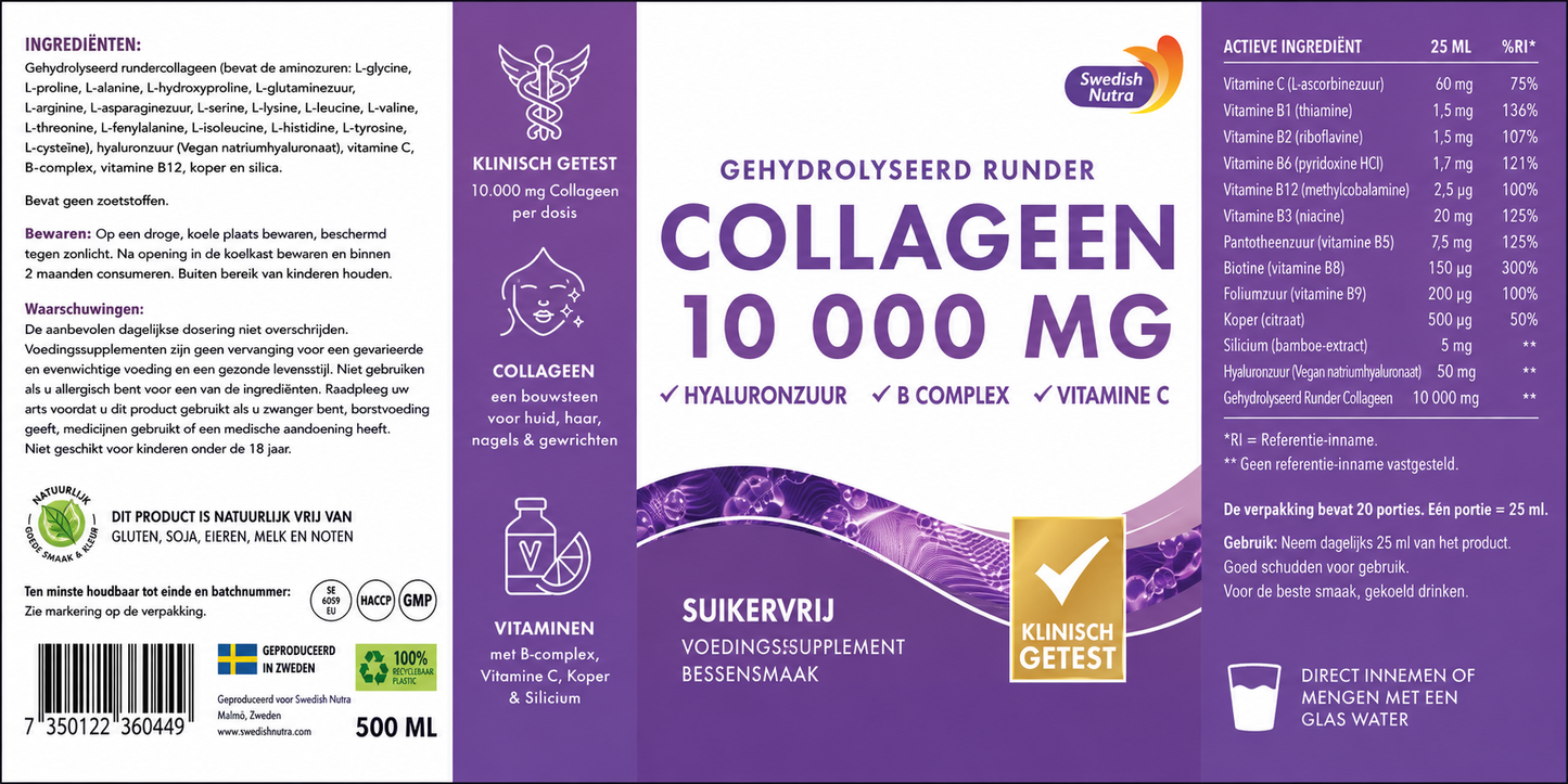 Swedish Nutra Flüssiges Rinderkollagen - 500ml Packung, 20-Tages-Vorrat | Zuckerfreier Beerengeschmack | Reduziert feine Linien, Falten & verbessert die Hautelastizität | 100% natürlicher Geschmack |