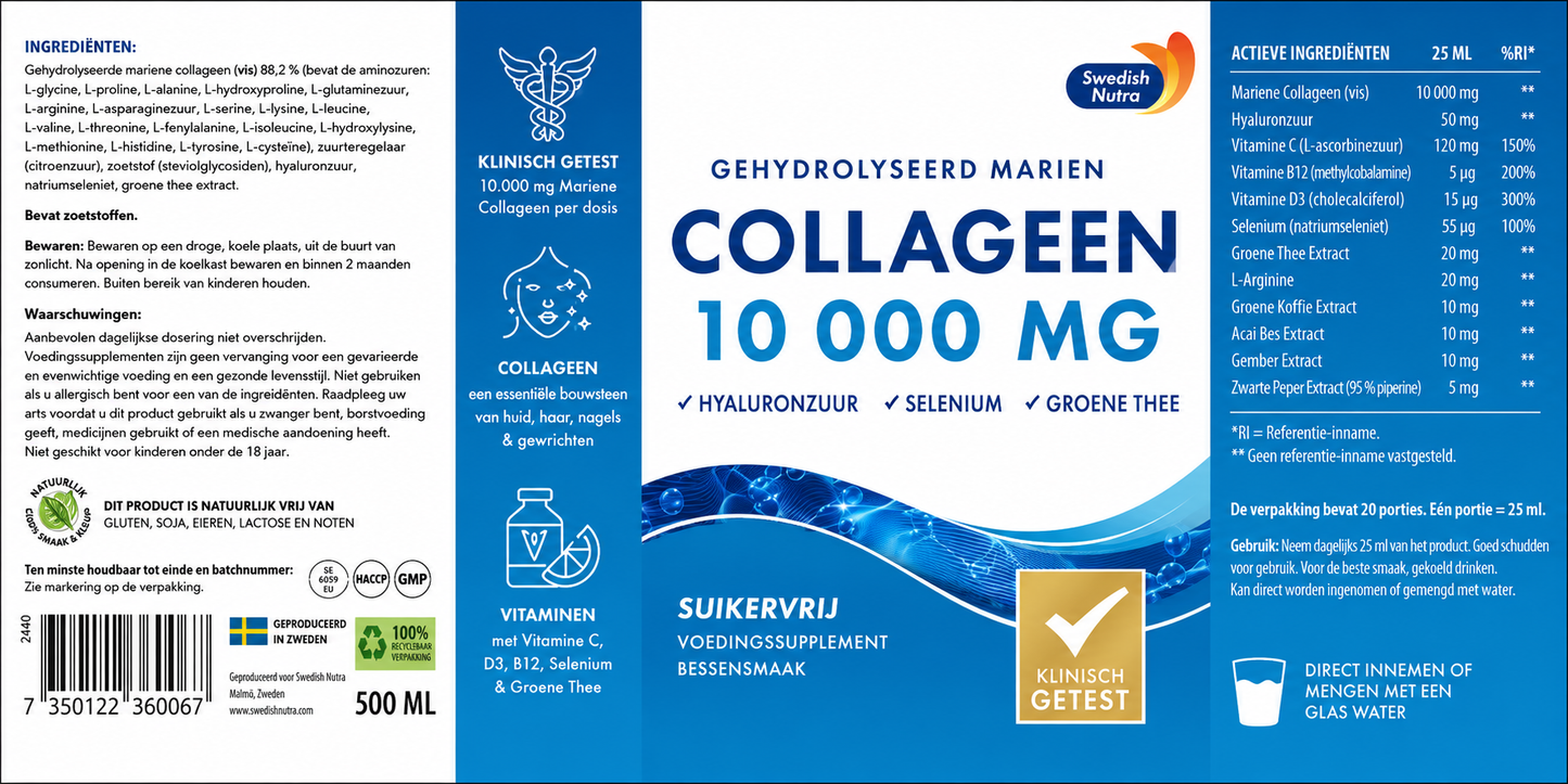 Swedish Nutra Collagen Marine 500 ml – 10.000 mg Meereskollagen – Zuckerfreie Flüssigformel – GVO-frei, glutenfrei – Mit Grüntee EGCG & natürlichem Geschmack – Täglich 20 ml verwenden