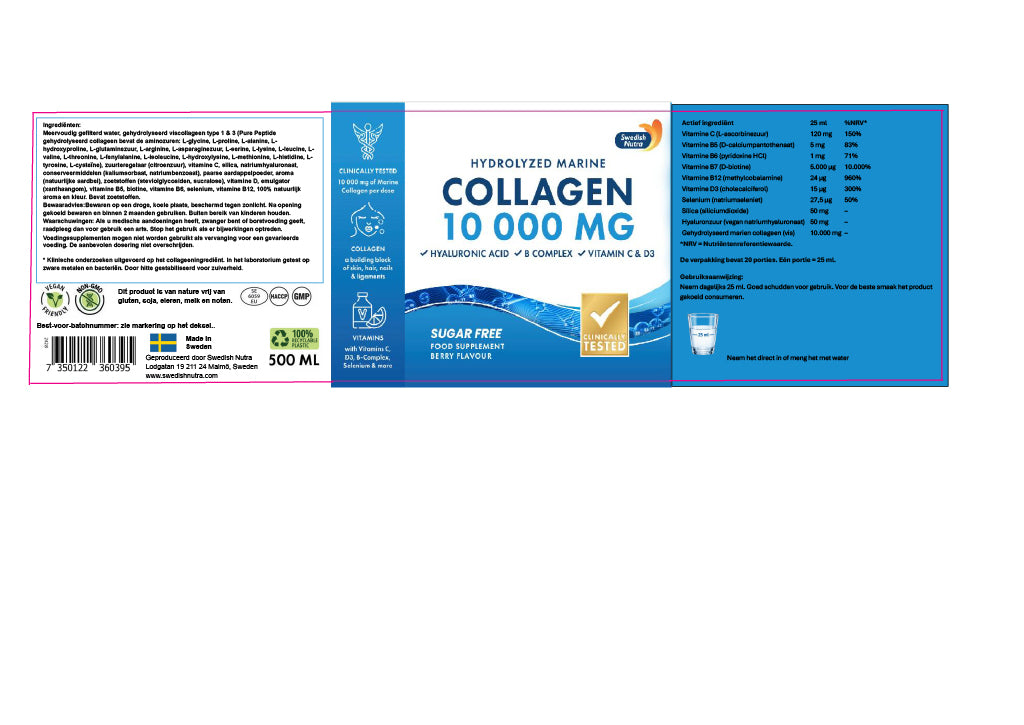 Swedish Nutra Flüssiges Meereskollagen 500 ml – Pure Peptide – Flüssig – Zuckerfrei mit Hyaluronsäure und Vitamin C – Anti-Aging – Anti-Falten – Haut – Haare – Nägel
