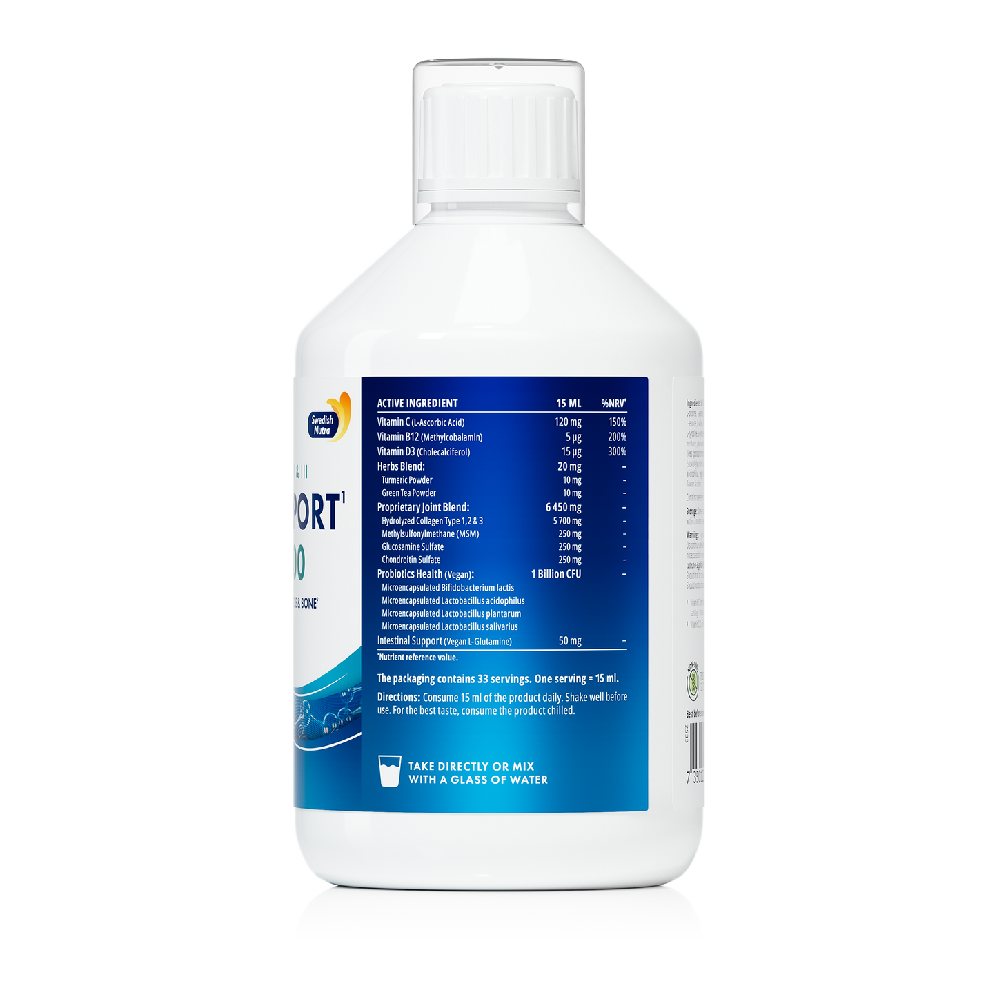 Swedish Nutra Collagen Joint Support Pro – Vloeibare Formule met Collageen Type 1, 2 & 3, Glucosamine, Chondroïtine, MSM, Kurkuma, Probiotica & Vitaminen – Natuurlijke Bessensmaak – Dagelijks 15 ml