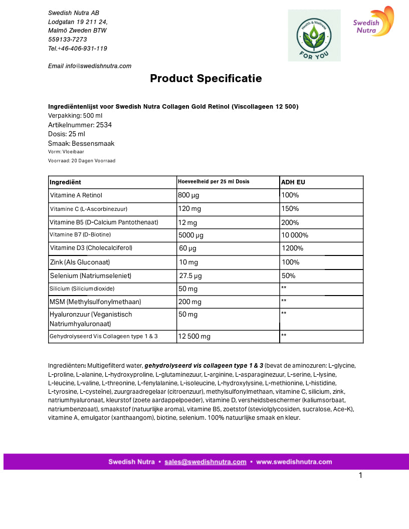 Swedish Nutra Collagen Gold Retinol suiker vrij