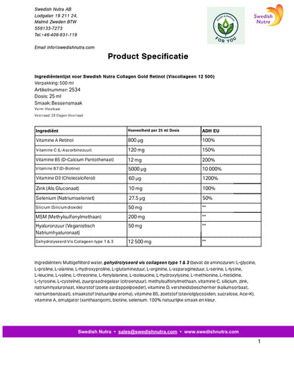 Swedish Nutra Collagen Gold Retinol suiker vrij