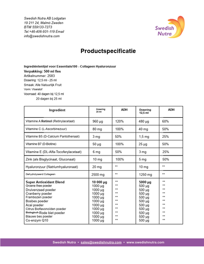 Swedish Nutra Essentials Collageen Hyaluronzuur – Huid, Haar & Nagels – Vloeibaar Supplement – Tropische Fruitsmaak – 500 ml