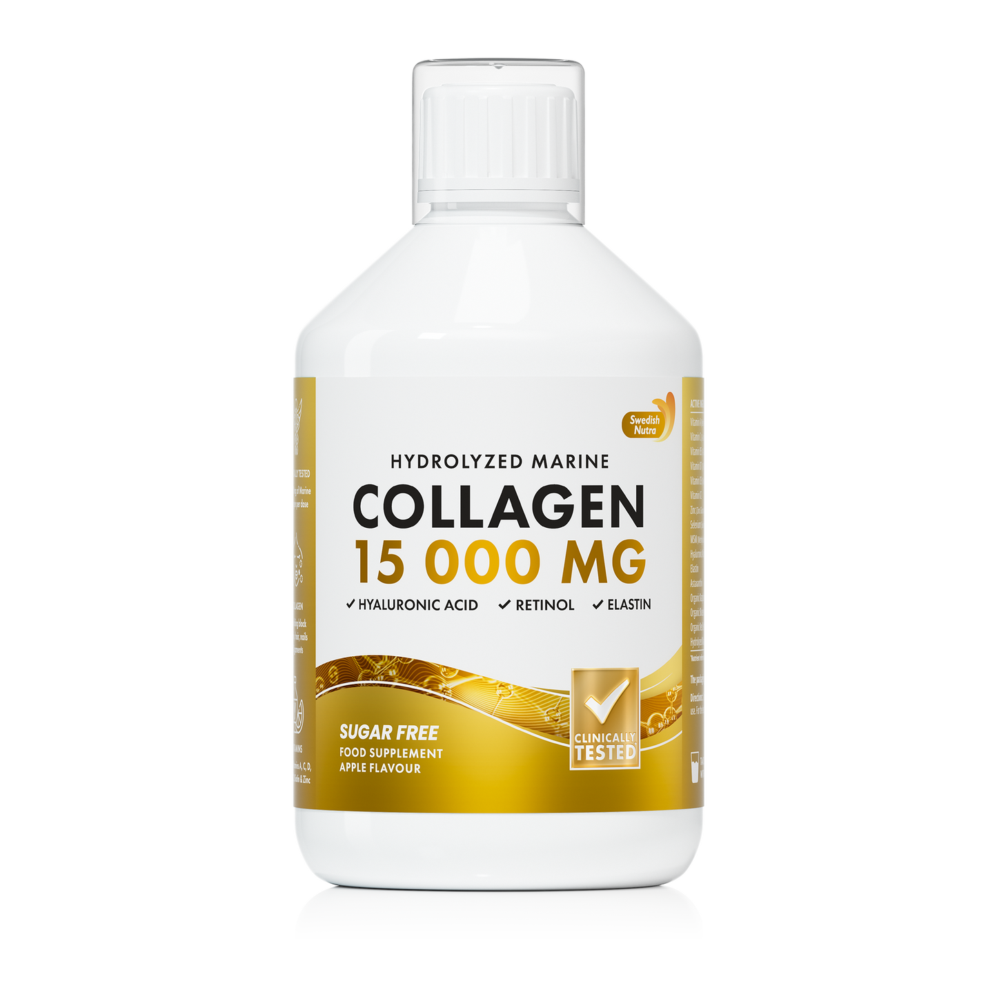 Swedish Nutra Collageen 15.000 mg – Vloeibaar Marine Collageen Supplement –Immuun- en Celsupport-Met Retinol, Hyaluronzuur, Elastine & Vitamine C –Voor Huid, Haar, Nagels & Gewrichten – Anti-Aging –Suikervrij- Appelsmaak- Snelle Opname-500 ml