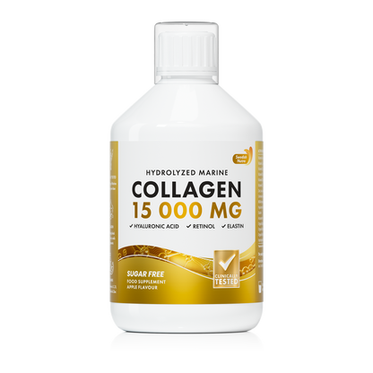 Swedish Nutra Collageen 15.000 mg – Vloeibaar Marine Collageen Supplement –Immuun- en Celsupport-Met Retinol, Hyaluronzuur, Elastine & Vitamine C –Voor Huid, Haar, Nagels & Gewrichten – Anti-Aging –Suikervrij- Appelsmaak- Snelle Opname-500 ml