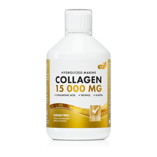 Swedish Nutra Collageen 15.000 mg – Vloeibaar Marine Collageen Supplement –Immuun- en Celsupport-Met Retinol, Hyaluronzuur, Elastine & Vitamine C –Voor Huid, Haar, Nagels & Gewrichten – Anti-Aging –Suikervrij- Appelsmaak- Snelle Opname-500 ml