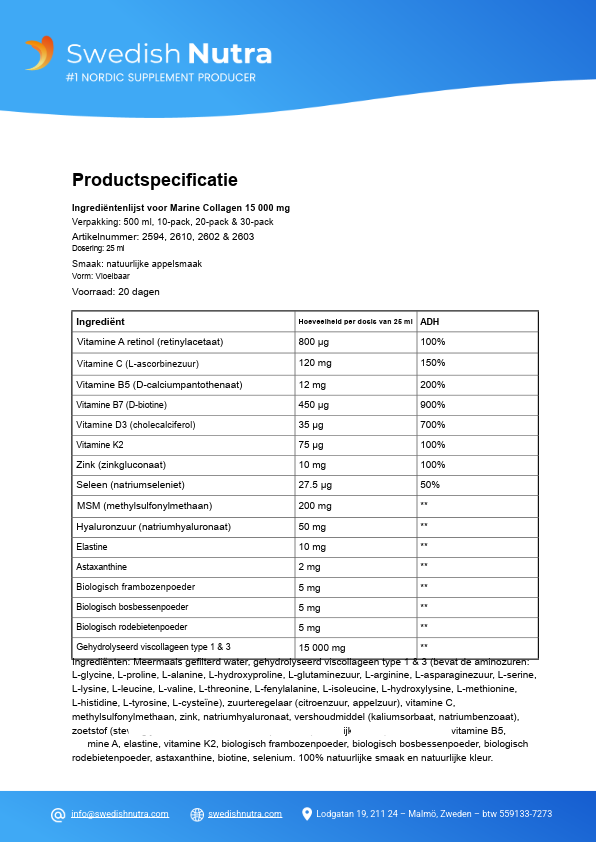 Swedish Nutra Collageen 15.000 mg – Vloeibaar Marine Collageen Supplement –Immuun- en Celsupport-Met Retinol, Hyaluronzuur, Elastine & Vitamine C –Voor Huid, Haar, Nagels & Gewrichten – Anti-Aging –Suikervrij- Appelsmaak- Snelle Opname-500 ml