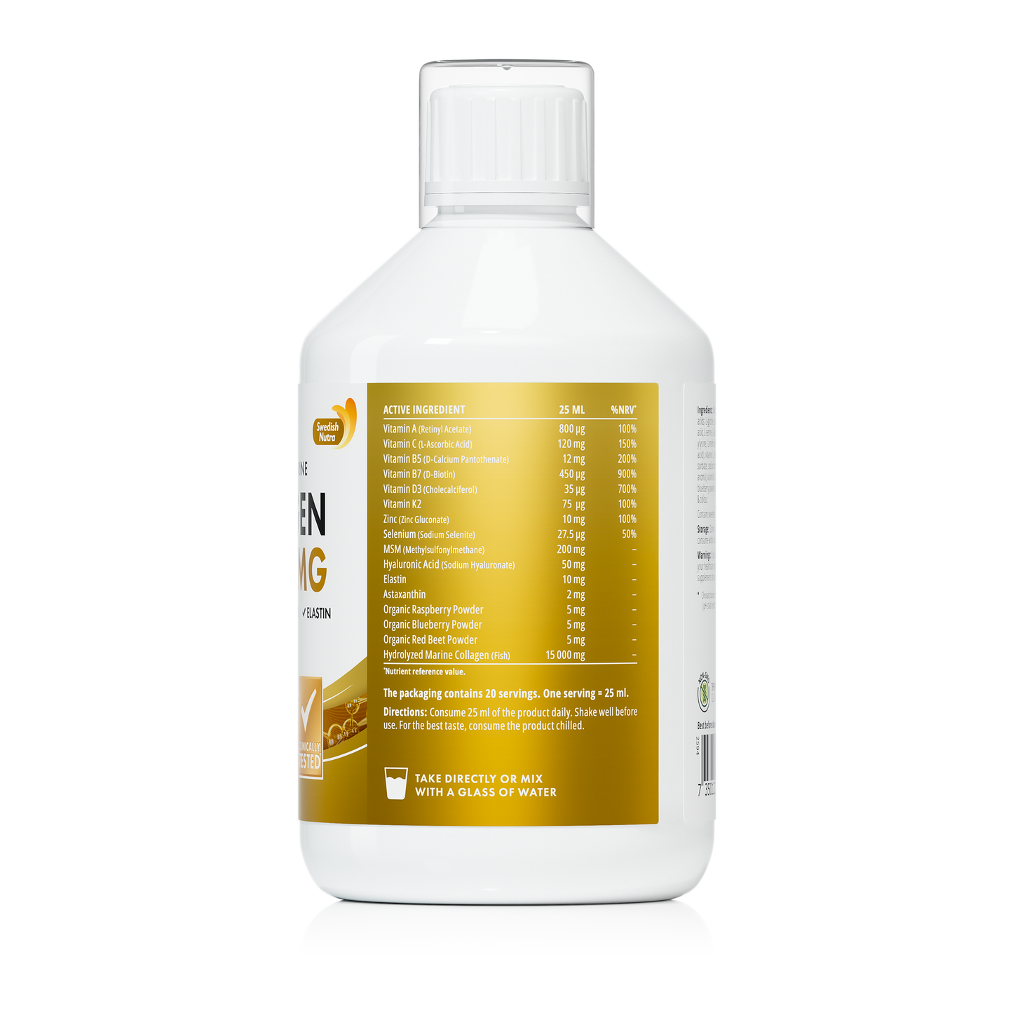 Swedish Nutra Collageen 15.000 mg – Vloeibaar Marine Collageen Supplement –Immuun- en Celsupport-Met Retinol, Hyaluronzuur, Elastine & Vitamine C –Voor Huid, Haar, Nagels & Gewrichten – Anti-Aging –Suikervrij- Appelsmaak- Snelle Opname-500 ml