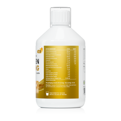 Swedish Nutra Collageen 15.000 mg – Vloeibaar Marine Collageen Supplement –Immuun- en Celsupport-Met Retinol, Hyaluronzuur, Elastine & Vitamine C –Voor Huid, Haar, Nagels & Gewrichten – Anti-Aging –Suikervrij- Appelsmaak- Snelle Opname-500 ml