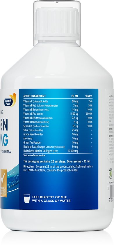 Swedish Nutra Vloeibare Marine Collageen 500 ml - Pure Peptide - Vloeibaar - Suikervrij met Hyaluronzuur en Vitamine C - Anti aging - Anti Rimpel - Huid - Haar - Nagels