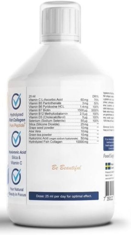 Swedish Nutra Collagen Marine 500ML – 10.000 mg Marine Collageen – Suikervrije Vloeibare Formule – Niet-GGO, Glutenvrij – Met Groene Thee EGCG & Natuurlijke Smaak – Dagelijks 20 ml Gebruik