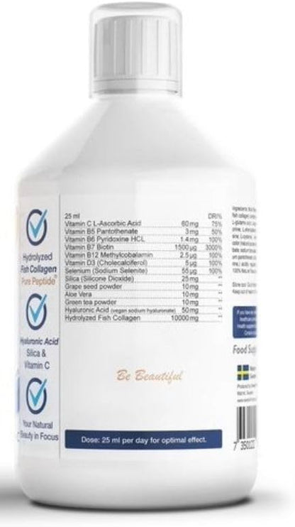 Swedish Nutra Collagen Marine 500ML – 10.000 mg Marine Collageen – Suikervrije Vloeibare Formule – Niet-GGO, Glutenvrij – Met Groene Thee EGCG & Natuurlijke Smaak – Dagelijks 20 ml Gebruik