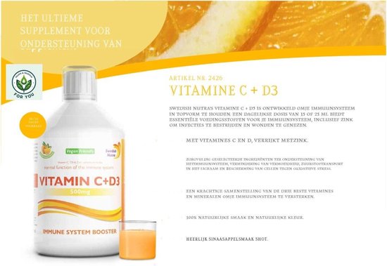 Swedish Nutra Vitamin C + D3 en Zinc - Vloeibaar Veganistisch - Boost jouw immuunsysteem - Voedingssupplement als drank