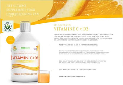 Swedish Nutra Vitamin C + D3 en Zinc - Vloeibaar Veganistisch - Boost jouw immuunsysteem - Voedingssupplement als drank