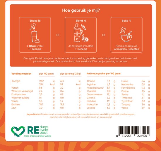 Orangefit Proteine Poeder - Vegan Proteine Shake - 750g (29 shakes) - Eiwitshake Chocolade - Lactosevrije Eiwitpoeder
