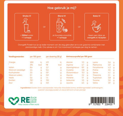 Orangefit Proteine Poeder - Vegan Proteine Shake - 750g (29 shakes) - Eiwitshake Chocolade - Lactosevrije Eiwitpoeder