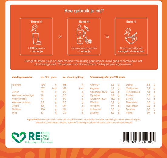 Orangefit Proteine Poeder - Vegan Proteine Shake - 750g (29 shakes) - Eiwitshake Aardbei - Lactosevrije Eiwitpoeder