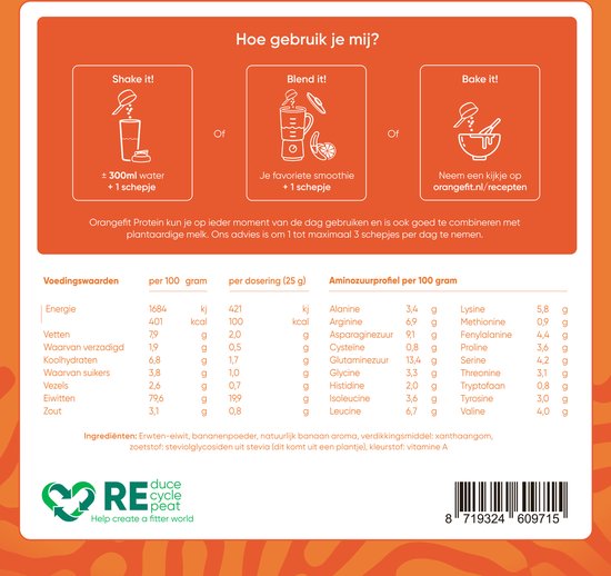 Orangefit Proteine Poeder - Vegan Proteine Shake - 750g (29 shakes) - Eiwitshake Banaan - Lactosevrije Eiwitpoeder
