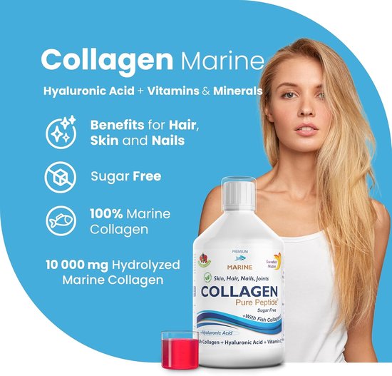 Swedish Nutra Vloeibare Marine Collageen 500 ml - Pure Peptide - Vloeibaar - Suikervrij met Hyaluronzuur en Vitamine C - Anti aging - Anti Rimpel - Huid - Haar - Nagels