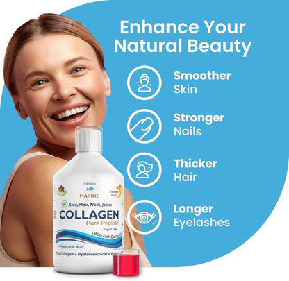 Swedish Nutra Vloeibare Marine Collageen 500 ml - Pure Peptide - Vloeibaar - Suikervrij met Hyaluronzuur en Vitamine C - Anti aging - Anti Rimpel - Huid - Haar - Nagels