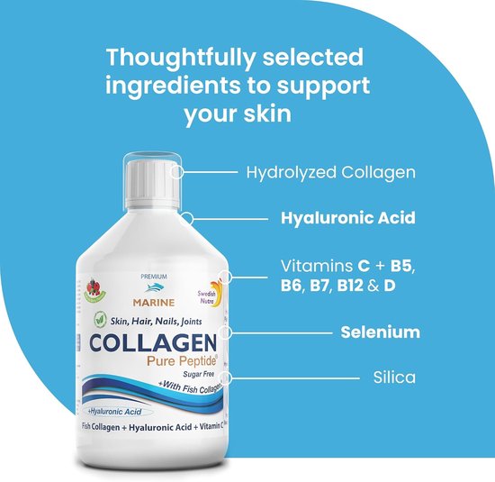 Swedish Nutra Vloeibare Marine Collageen 500 ml - Pure Peptide - Vloeibaar - Suikervrij met Hyaluronzuur en Vitamine C - Anti aging - Anti Rimpel - Huid - Haar - Nagels