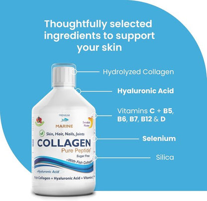 Swedish Nutra Vloeibare Marine Collageen 500 ml - Pure Peptide - Vloeibaar - Suikervrij met Hyaluronzuur en Vitamine C - Anti aging - Anti Rimpel - Huid - Haar - Nagels
