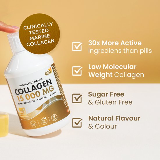 Swedish Nutra Collageen 15.000 mg – Vloeibaar Marine Collageen Supplement –Immuun- en Celsupport-Met Retinol, Hyaluronzuur, Elastine & Vitamine C –Voor Huid, Haar, Nagels & Gewrichten – Anti-Aging –Suikervrij- Appelsmaak- Snelle Opname-500 ml
