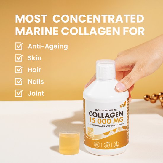 Swedish Nutra Collageen 15.000 mg – Vloeibaar Marine Collageen Supplement –Immuun- en Celsupport-Met Retinol, Hyaluronzuur, Elastine & Vitamine C –Voor Huid, Haar, Nagels & Gewrichten – Anti-Aging –Suikervrij- Appelsmaak- Snelle Opname-500 ml