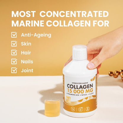 Swedish Nutra Collageen 15.000 mg – Vloeibaar Marine Collageen Supplement –Immuun- en Celsupport-Met Retinol, Hyaluronzuur, Elastine & Vitamine C –Voor Huid, Haar, Nagels & Gewrichten – Anti-Aging –Suikervrij- Appelsmaak- Snelle Opname-500 ml