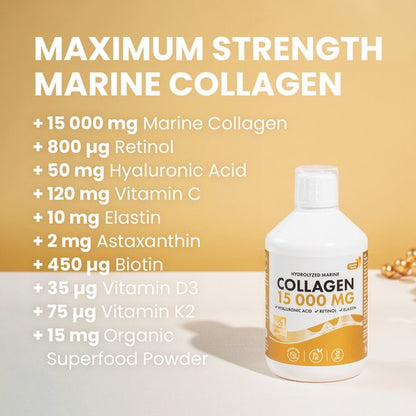Swedish Nutra Collageen 15.000 mg – Vloeibaar Marine Collageen Supplement –Immuun- en Celsupport-Met Retinol, Hyaluronzuur, Elastine & Vitamine C –Voor Huid, Haar, Nagels & Gewrichten – Anti-Aging –Suikervrij- Appelsmaak- Snelle Opname-500 ml