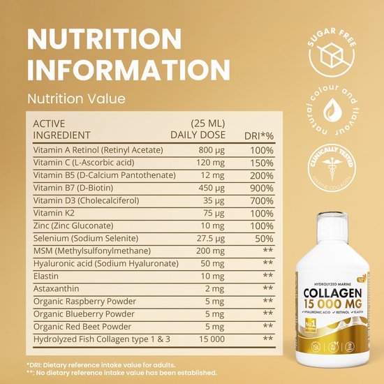 Swedish Nutra Collageen 15.000 mg – Vloeibaar Marine Collageen Supplement –Immuun- en Celsupport-Met Retinol, Hyaluronzuur, Elastine & Vitamine C –Voor Huid, Haar, Nagels & Gewrichten – Anti-Aging –Suikervrij- Appelsmaak- Snelle Opname-500 ml
