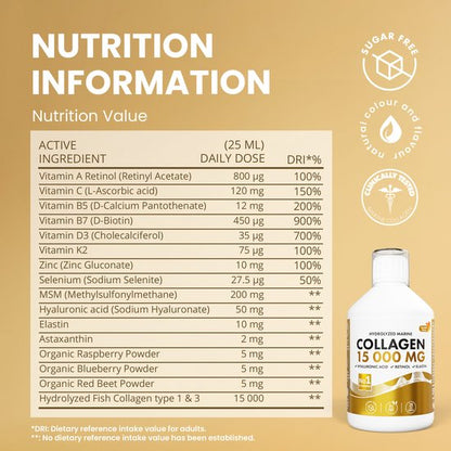Swedish Nutra Collageen 15.000 mg – Vloeibaar Marine Collageen Supplement –Immuun- en Celsupport-Met Retinol, Hyaluronzuur, Elastine & Vitamine C –Voor Huid, Haar, Nagels & Gewrichten – Anti-Aging –Suikervrij- Appelsmaak- Snelle Opname-500 ml