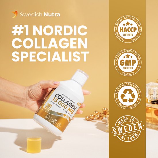 Swedish Nutra Collageen 15.000 mg – Vloeibaar Marine Collageen Supplement –Immuun- en Celsupport-Met Retinol, Hyaluronzuur, Elastine & Vitamine C –Voor Huid, Haar, Nagels & Gewrichten – Anti-Aging –Suikervrij- Appelsmaak- Snelle Opname-500 ml