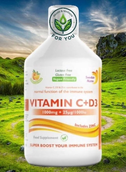 Swedish Nutra Vitamin C + D3 en Zinc - Vloeibaar Veganistisch - Boost jouw immuunsysteem - Voedingssupplement als drank