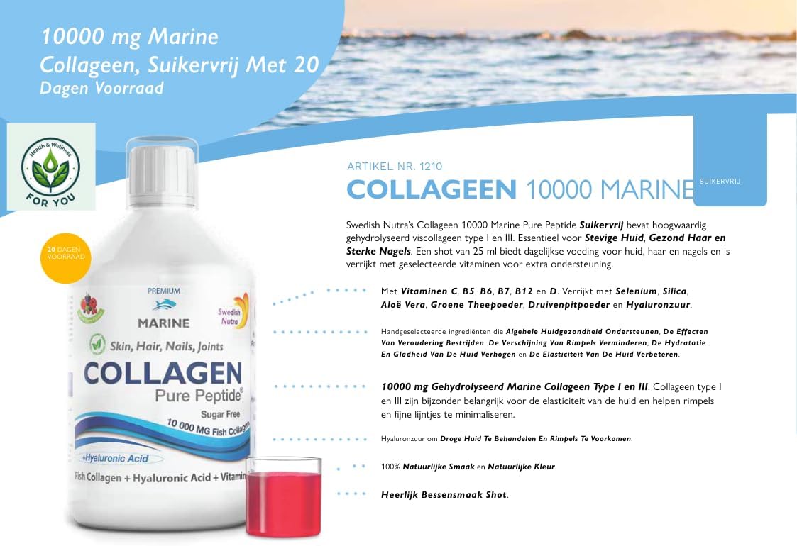 Swedish Nutra Collagen Marine 500ML – 10.000 mg Marine Collageen – Suikervrije Vloeibare Formule – Niet-GGO, Glutenvrij – Met Groene Thee EGCG & Natuurlijke Smaak – Dagelijks 20 ml Gebruik