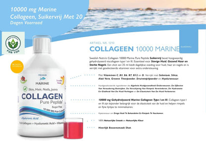 Swedish Nutra Collagen Marine 500ML – 10.000 mg Marine Collageen – Suikervrije Vloeibare Formule – Niet-GGO, Glutenvrij – Met Groene Thee EGCG & Natuurlijke Smaak – Dagelijks 20 ml Gebruik