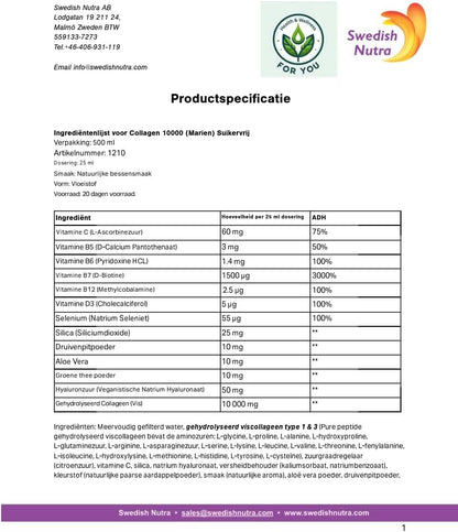 Swedish Nutra Collagen Marine 500ML – 10.000 mg Marine Collageen – Suikervrije Vloeibare Formule – Niet-GGO, Glutenvrij – Met Groene Thee EGCG & Natuurlijke Smaak – Dagelijks 20 ml Gebruik