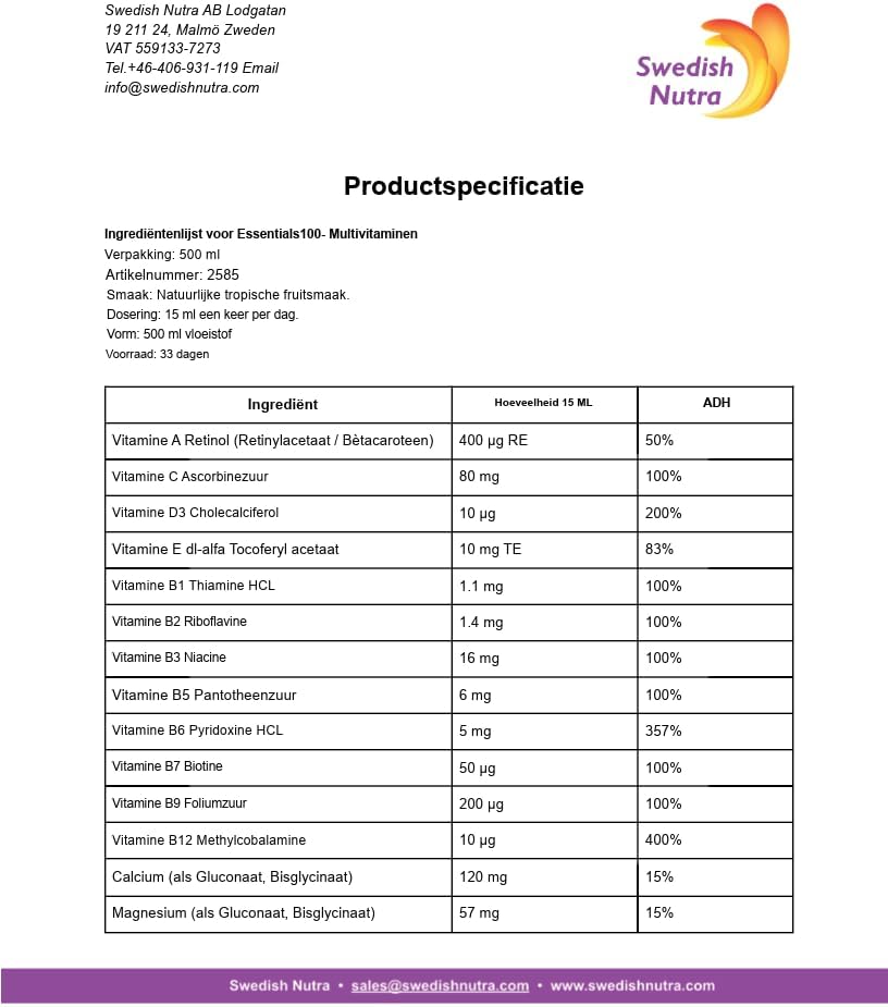 Swedish Nutra Essentials Vloeibare Multivitamine 500ML – 29 Actieve Ingrediënten – Energie, Immuniteit, Ooggezondheid & Vitaliteit – Vegan, Natuurlijke Formule, Snel Opneembaar – Dagelijkse 15 ml
