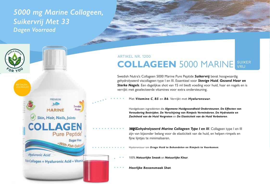 Swedish Nutra Collagen Pure Peptide 500ML – Vloeibare Collageenpeptiden voor Huid, Haar & Gewrichten – Hoge Opname – Zuiver Collageen Supplement – Vrij van Gluten, Suiker & Kunstmatige Stoffen