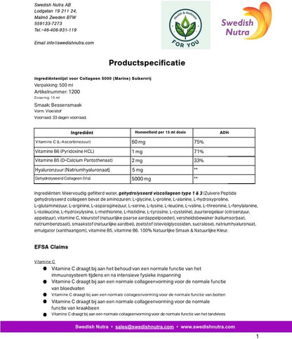 Swedish Nutra Collagen Pure Peptide 500ML – Vloeibare Collageenpeptiden voor Huid, Haar & Gewrichten – Hoge Opname – Zuiver Collageen Supplement – Vrij van Gluten, Suiker & Kunstmatige Stoffen