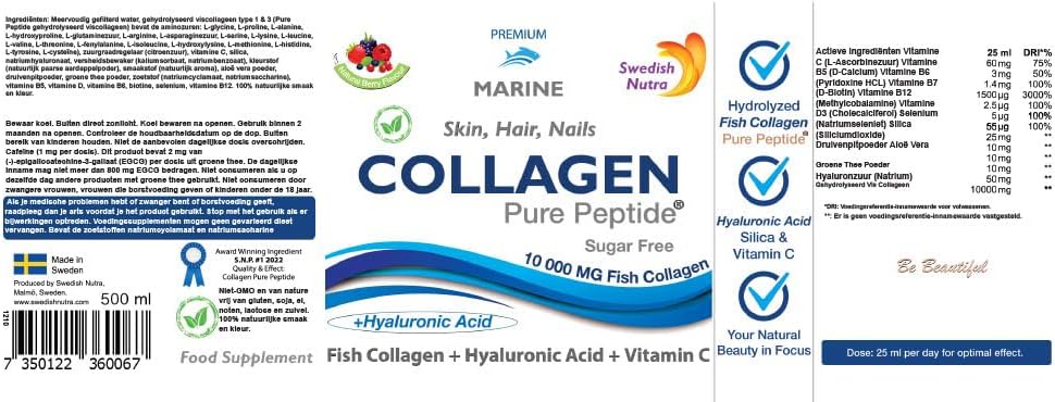 Swedish Nutra Collagen Marine 500ML – 10.000 mg Marine Collageen – Suikervrije Vloeibare Formule – Niet-GGO, Glutenvrij – Met Groene Thee EGCG & Natuurlijke Smaak – Dagelijks 20 ml Gebruik